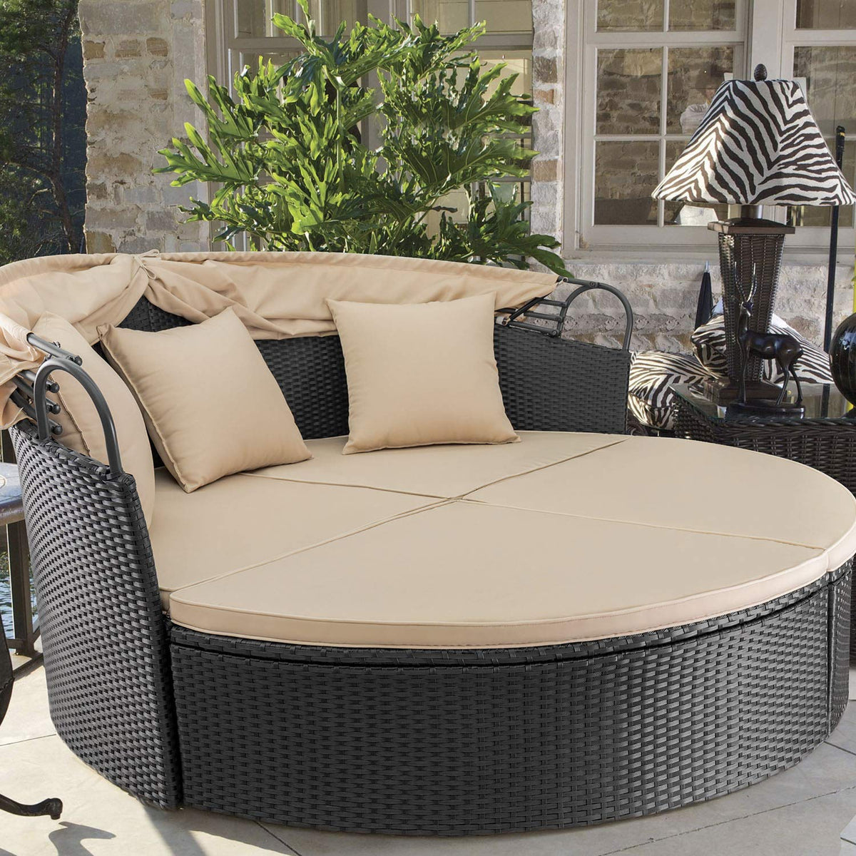 Devoko Outdoor Daybed Pool Furniture Bed Lounge with Retractable Canop