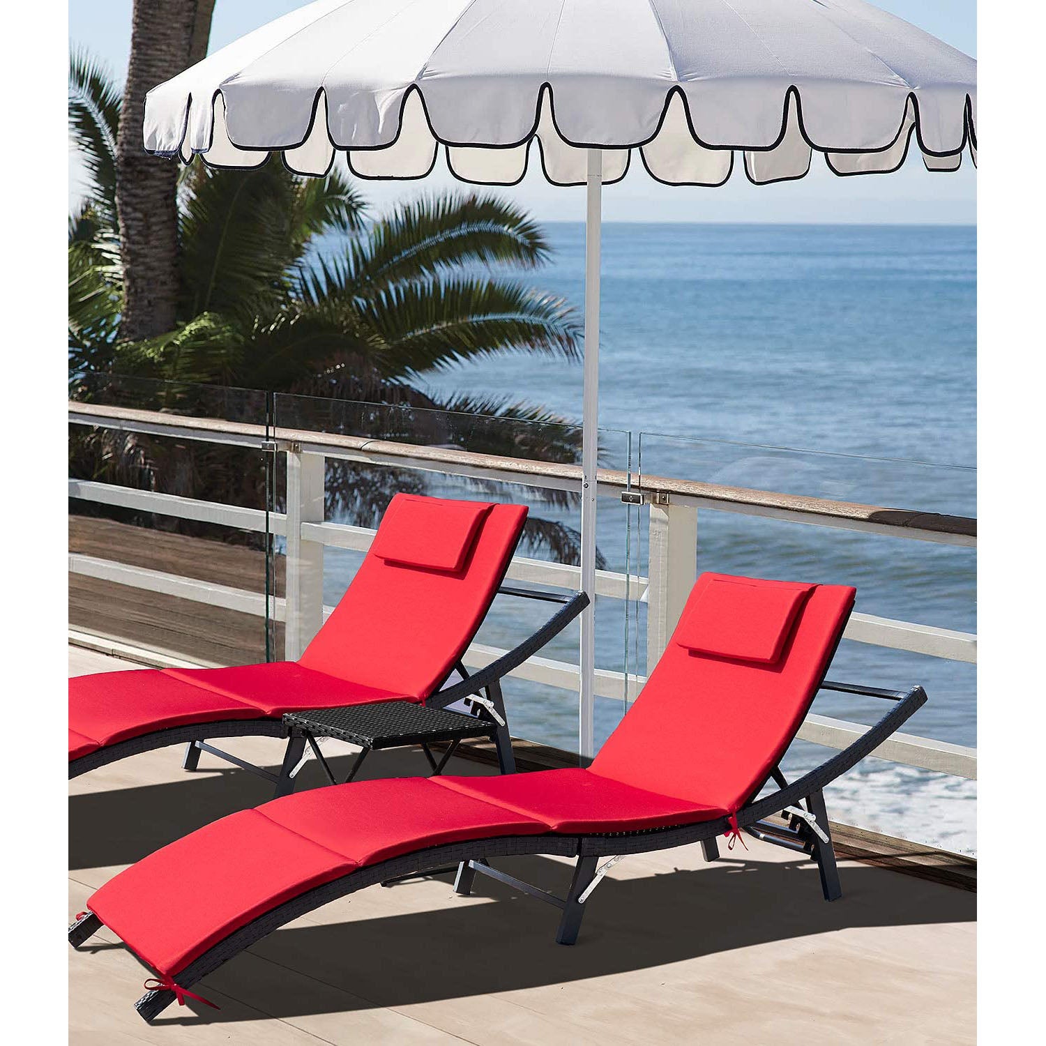 Devoko Patio Chaise Lounge Sets Outdoor Rattan Adjustable Back 3 Piece