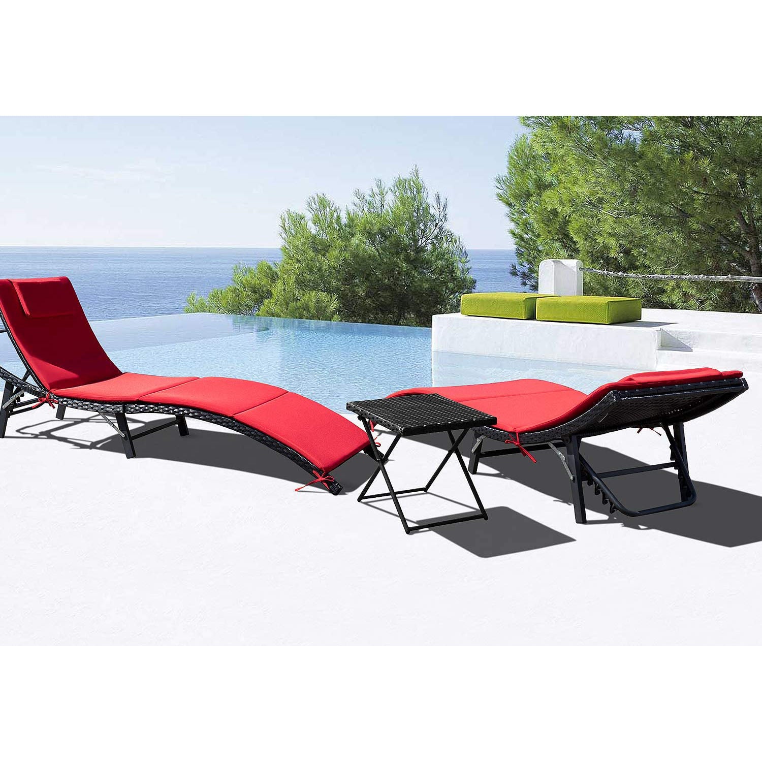 Devoko Patio Chaise Lounge Sets Outdoor Rattan Adjustable Back 3 Piece