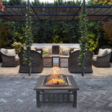 Devoko Fire Pit 32 Inch Fire Pit Table Square Metal Fire Pit Wood Burning, Mesh Cover Poke
