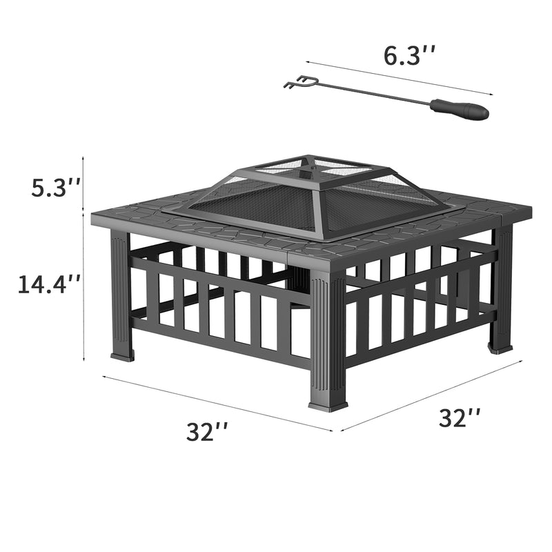 Devoko Fire Pit 32 Inch Fire Pit Table Square Metal Fire Pit Wood Burning, Mesh Cover Poke