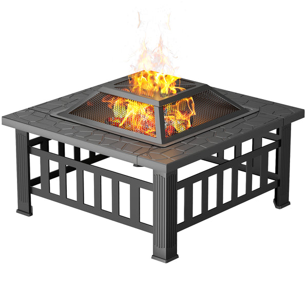 Devoko Fire Pit 32 Inch Fire Pit Table Square Metal Fire Pit Wood Burning, Mesh Cover Poke