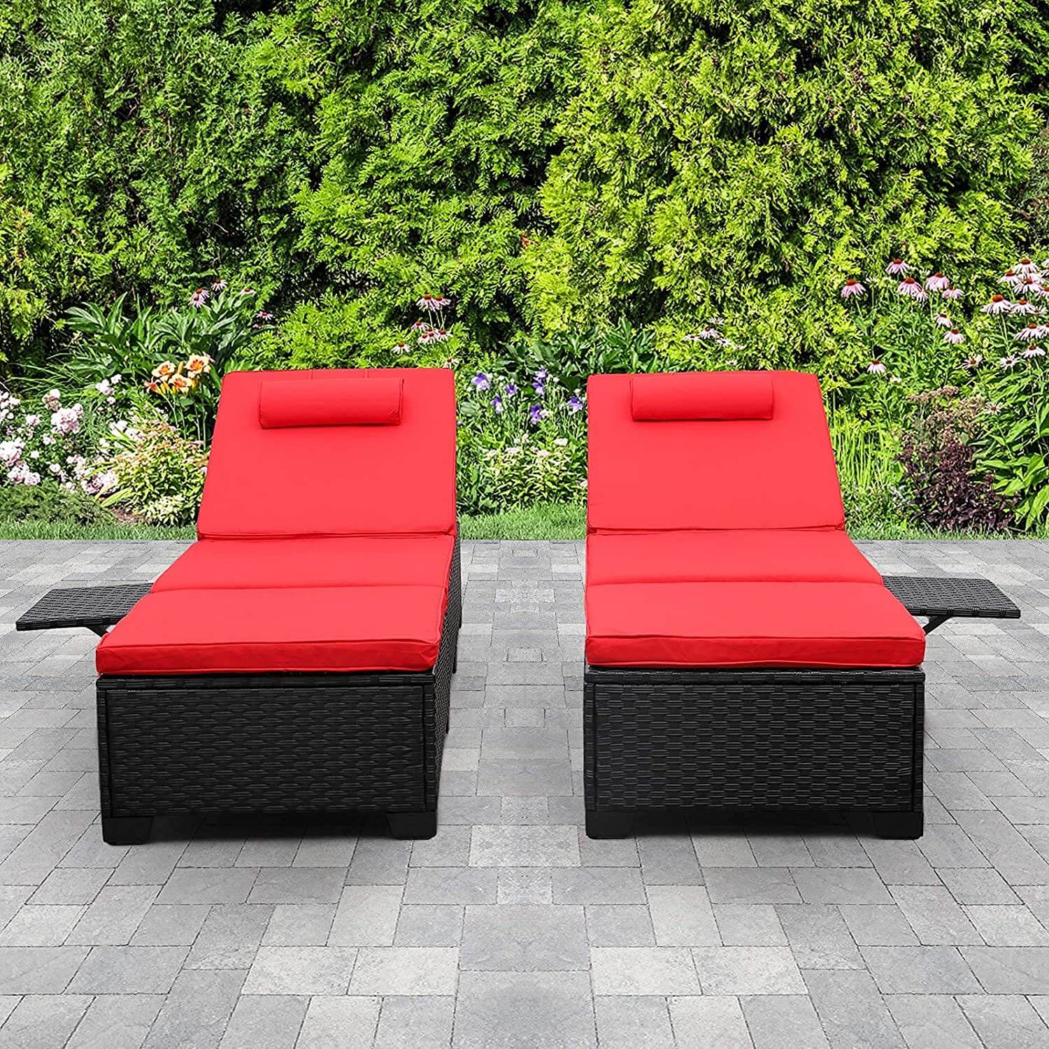 Devoko 2 Piece Patio Chaise Lounge, Rattan Reclining Chair Set with Ad