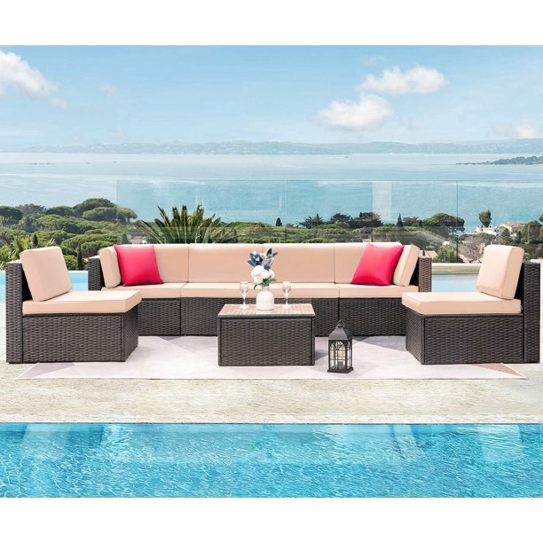 Devoko 7 Pieces Outdoor Sectional Sofa,  L Shape Patio Wicker Seating Sets